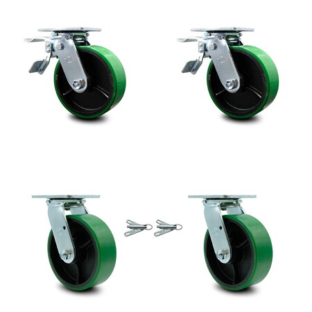 Service Caster 6 Inch Green Poly on Steel Caster Set with Ball Bearings 2 Brakes 2 Swivel Locks SCC-TTL30S620-PUB-GB-2-BSL-2